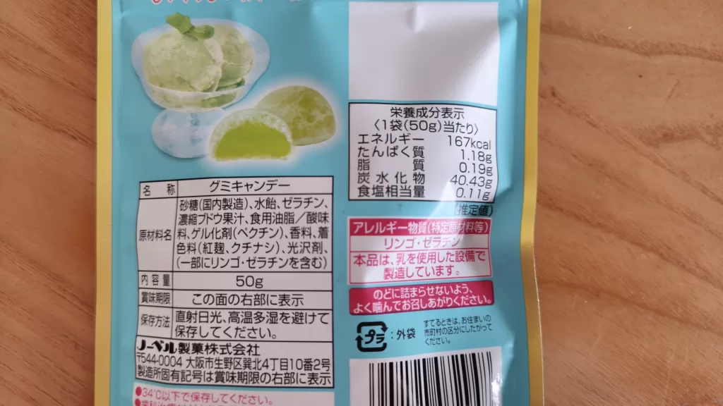 ソルベットグミ シャインマスカット味の裏パッケージ。栄養成分や原材料などが書かれている。